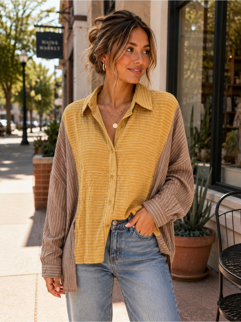 Brinisity Lumière Colorblock Striped Button Front Oversized Blouse NWT
